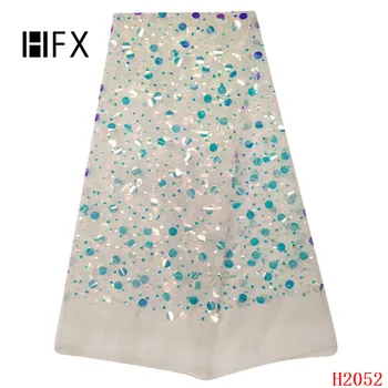 

HFX Latest French Lace Fabric Tulle Embroidered Wedding Dress Shiny Design Mesh Lace High Quality White Sequin Lace Fabric X2052