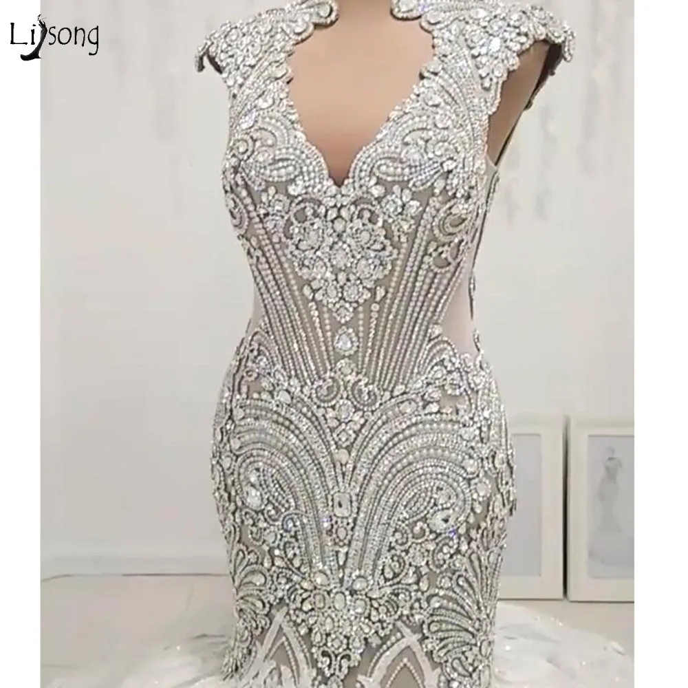 Роскошные сверкающие Кристальные Свадебные платья русалки сексуальные кружевные 3D Цветы из бисера Дубай Свадебные платья сексуального размера плюс прозрачные сзади