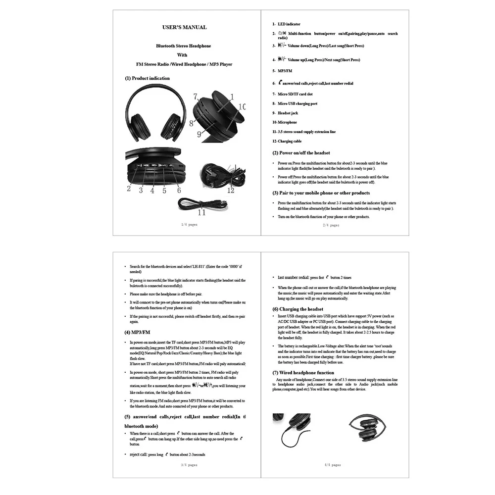 Andoer, цифровые, 4 в 1, многофункциональные, LH-811, стерео, Bluetooth 4,1+ EDR наушники, беспроводная гарнитура, музыкальные наушники с микрофоном