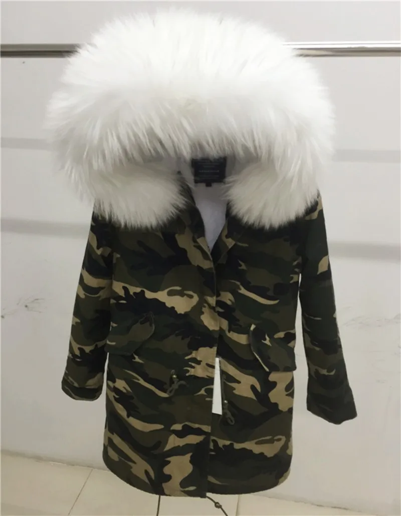 Мех Любовь Женщины Зима Camo Parka большой енота меховым воротником куртка с капюшоном Верхняя одежда 2 в 1 съемная подкладка зимняя куртка фирменный стиль