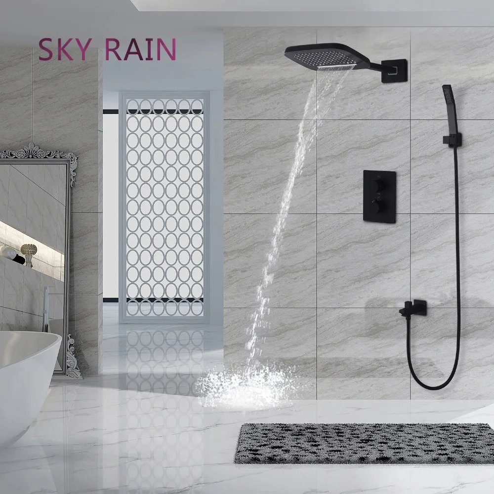 

SKY RAIN Matte Black Shower Faucets Set Wall Mounted Rainfall, Waterfall Shower System/ Thermostatic Mixer