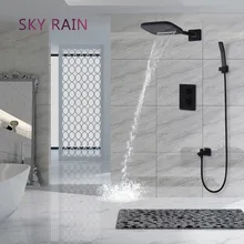 SKY RAIN Matte Black Shower Faucets Set Wall Mounted Rainfall, Waterfall Shower System/ Thermostatic Mixer kemaidi brass rainfall waterfall shower head rain wall mounted bathtua shower faucets set shower system chrome mixer taps