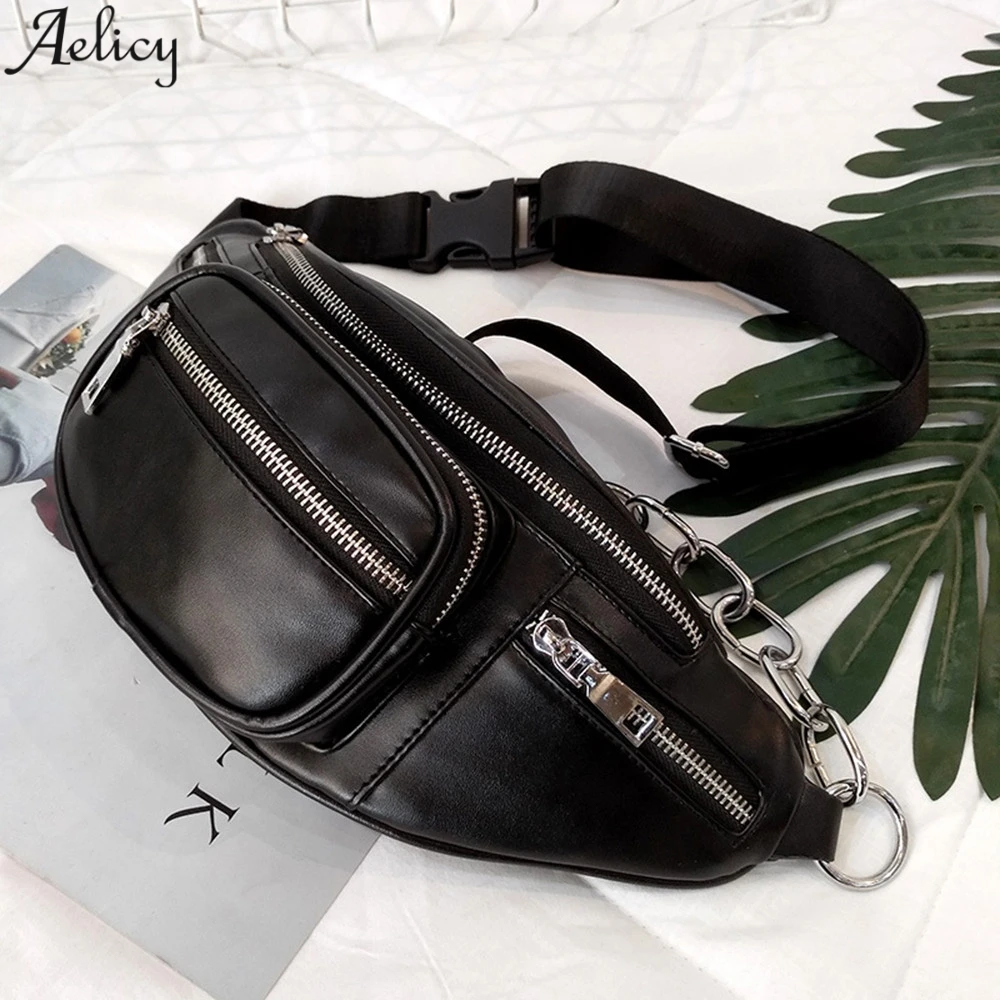 Aelicy Fashion Waist Bags Unisex Solid new Pack Female Chains Bag Black Hobos Shape Pu Leather Waist Packs Chest Phone Pouch