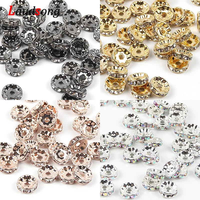 

50pcs 4/6/8/10mm Rose Gold Silver AB Rhinestone Rondelles Crystal Spacer Beads For Jewelry Findings Making DIY Bracelet Necklace
