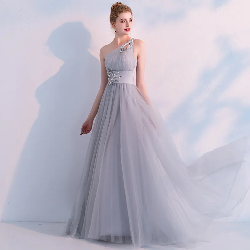 Sexy One Shoulder Evening Dress Long Tulle Crystal Party Abendkleider Evening Gown Robe De Soiree Prom Gowns Elegant Sexy One Shoulder Evening Dress Long Tulle Crystal Party Abendkleider Evening Gown Robe De Soiree Prom Gowns Elegant