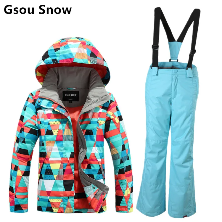 Gsou snow childrens ski suit girls skiing suit parent-child snowboarding suit skiwear geometric figure ski jacket and blue pants