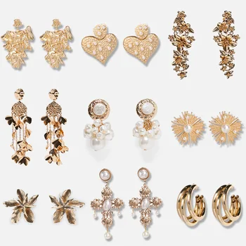 

JUJIA Vintage Gold za Drop Dangle Earrings For Women Simulated Pearl Big Earrings Statement Metal Jewelry