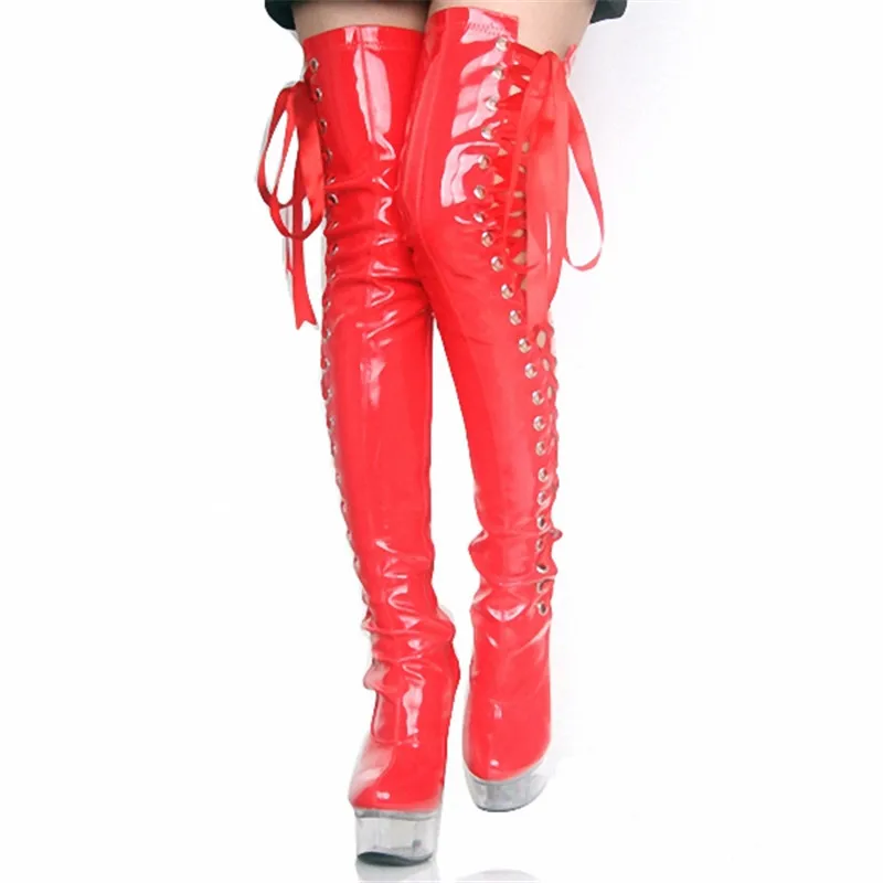 15cm high-heeled shoes crystal cutout boots lacing over-the-knee platform boots Thigh High Boots for Women 6 inch ladies' boots