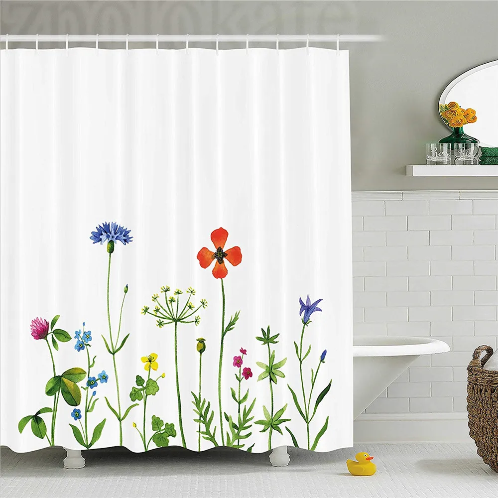 

Floral Shower Curtain, Rural Meadow Flower Field with Blooms Spring Summer Botany Nature Country Image, Fabric Bathroom Decor Se