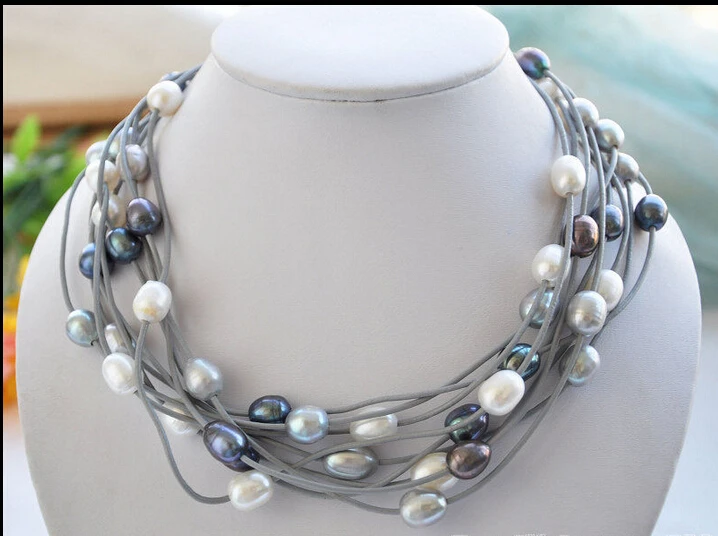 

FREE SHIPPING * z5668 wholesale 3row 14mm white gray black rice pearl gray leather necklace 3pcs