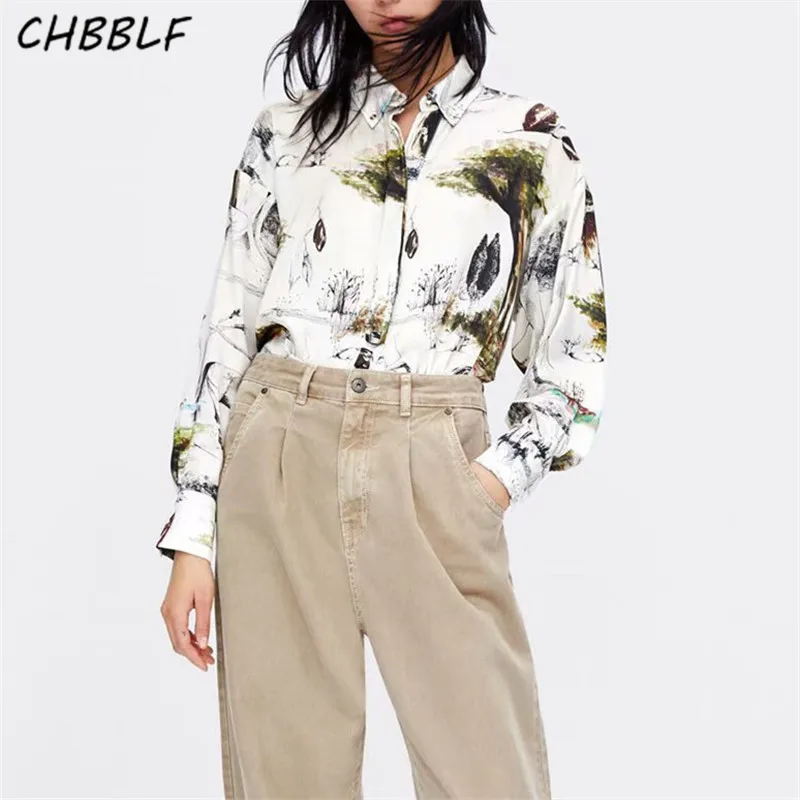 

CHBBLF animal pattern oversized blouse long sleeve side split irregular shirts chic tops blusas mujer XDL1620