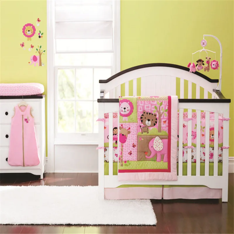 

7pcs lovely Cotton Crib Bed Linen Kit Cartoon Baby Bedding Set girls baby cot kit with baby quilt