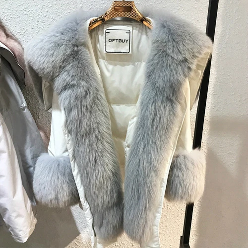 Женская куртка-оверсайз OFTBUY, на утином пуху и с меховым воротником, зимняя парка с натуральным съемным мехом енота и лисы - Цвет: white grey fox fur