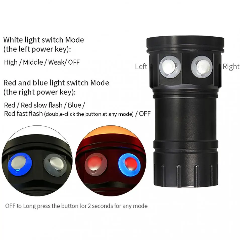  QH14 300W 28800LM LED Flashlight White XML2 + XPE Red Blue R5 LED Underwater 80m Scuba Diving Torch - 32873378872