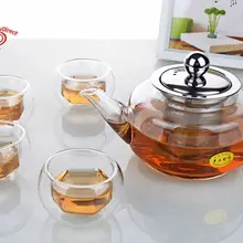 1х термостойкий стеклянный чайный набор-500 мл чайник с фильтром и крышкой из нержавеющей стали+ 4x Шестигранная чашка с двойными стенками 40 мл