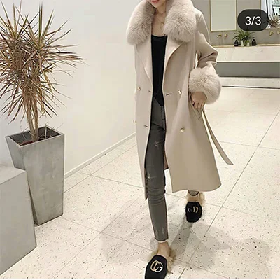 Для женщин кашемировое пальто с натуральным лисьим меховой воротник шерстяная куртка с поясом зима-осень тонкий леди длинные пальто Для женщин Шерстяное пальто - Цвет: khaki