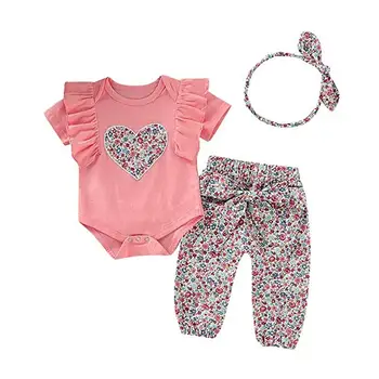 

3-18M Summer Flower Print Cute Casual Soft Bowknot Baby Girls Newborn Clothes Romper+Floral Pants+Headband Outfits Set 3 Pcs