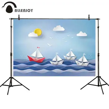 

Allenjoy background for photo studio nautical paper sailboat seagull cloud sail backdrop photobooth printed decoration