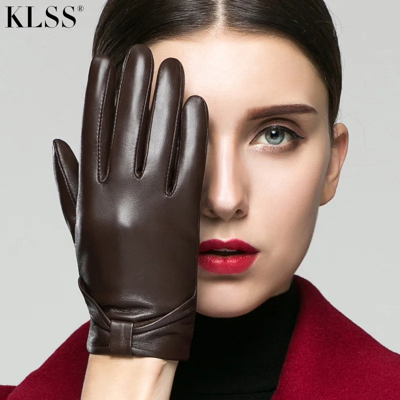 KLSS Brand Genuine Leather Women Gloves With Touchscreen Autumn Winter Plus Velvet Fashion Elegant Lady Goatskin Glove 202