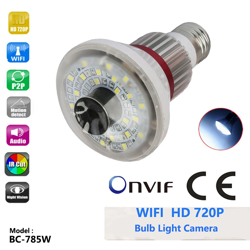 

BC-785W HD 720p Home Bulb Ip Camera White LED Light 1/4" CMOS Sensor Support ONVIF Micro-SD Card With 4pcs of IR LED