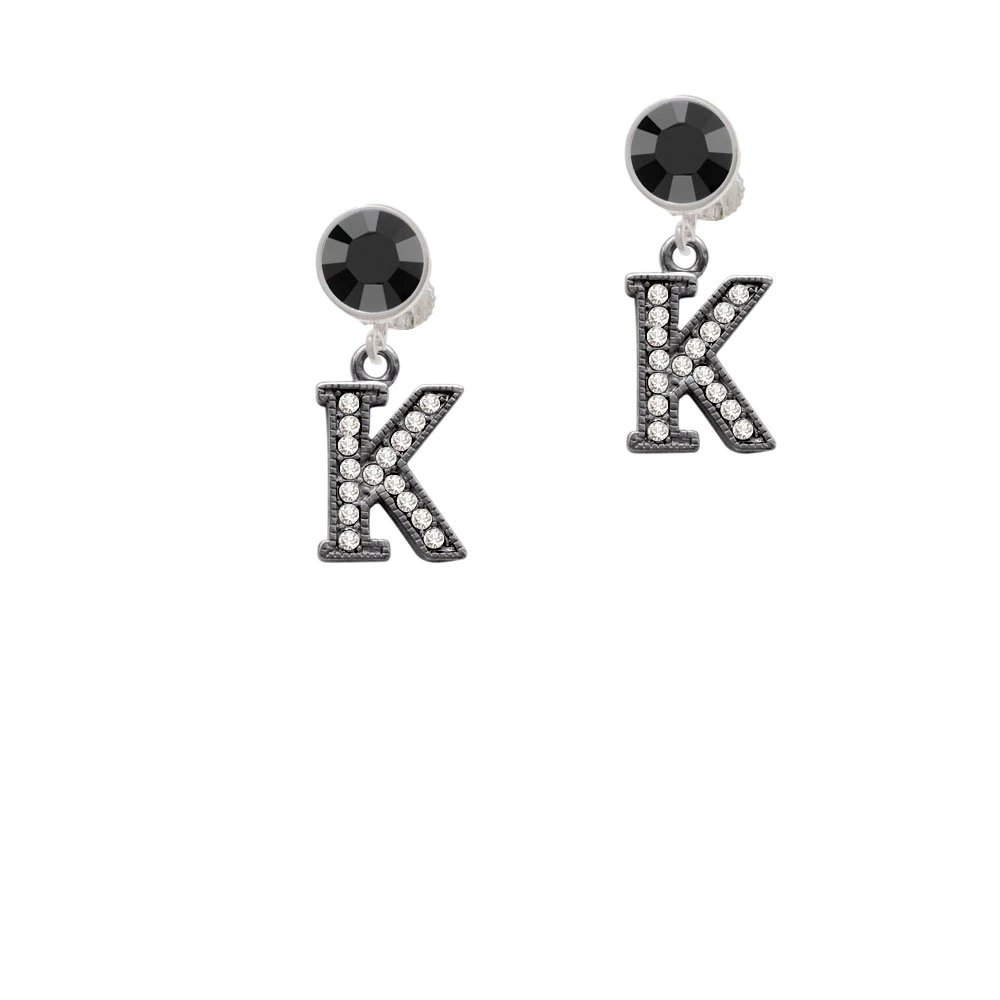 Crystal Black Initial - K - Beaded Border - Crystal Clip On Earrings (2)