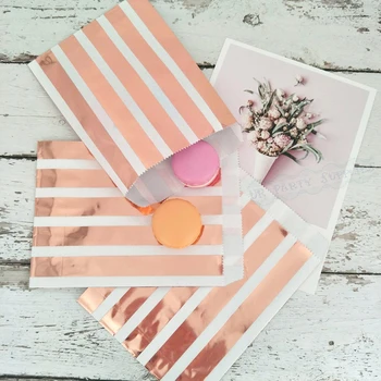 

100Pcs Paper Bag Rose Gold Stripe Dot Flat Gift Bag Candy Box Snack Cookie Package Treat Bags Wedding Birthday Wrapping Supplies