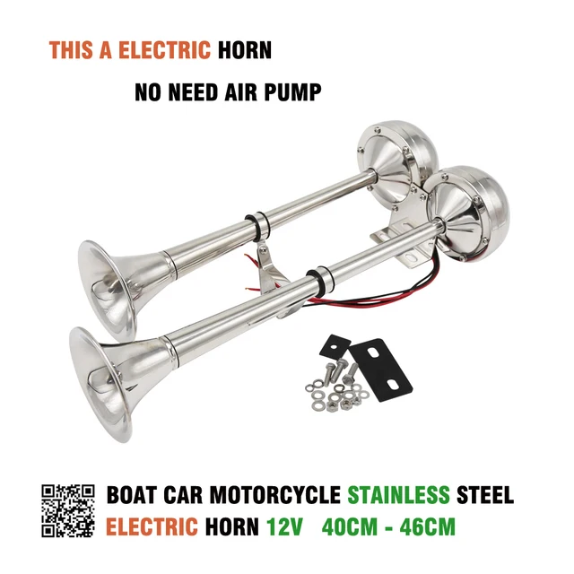 DHKA 12V Marine Dual Trumpet Horn Boat Stainless Steel Electric Horn 18 1/2 inch 46CM in Multi