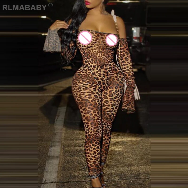 

RLMABABY Sexy Leopard Strapless Mesh Jumpsuit Flare Sleeve Bodycon Romers Jumpsuit Oversize Transparent Club Overalls Jumpsuit