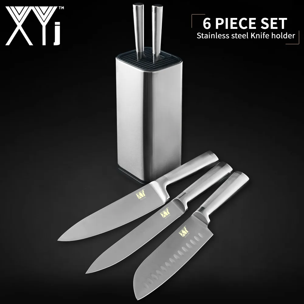 

XYj Stainless Steel Kitchen Knives Set Holder Block Stand Sharpener Rod Fruit Paring Utility Santoku Chef Slicing Bread Knife