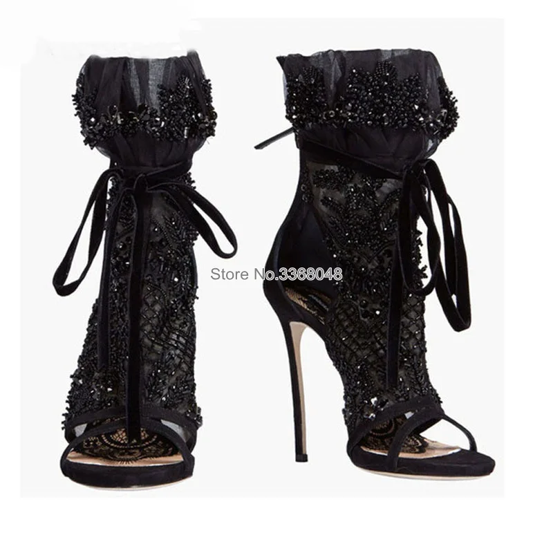 

2019 Black Sexy Lace Ladies High Heel Summer Sandals Fashion Open Toe Lace Up Woman Party Shoes Real Photos Sandalias Mujer