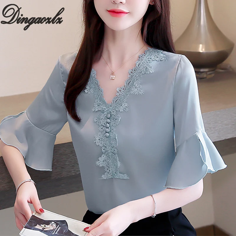 

Dingaozlz Flare sleeve Casual lace Tops Casual Women clothing Summer 2019 New lace Chiffon shirt Patchwork Ladies blouse