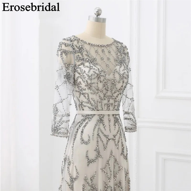 Elegant Evening Dress Long 2019 Long Sleeve Robe Soiree Long Formal Dresses Evening Gown Red/Navy/Grey Luxury Beaded