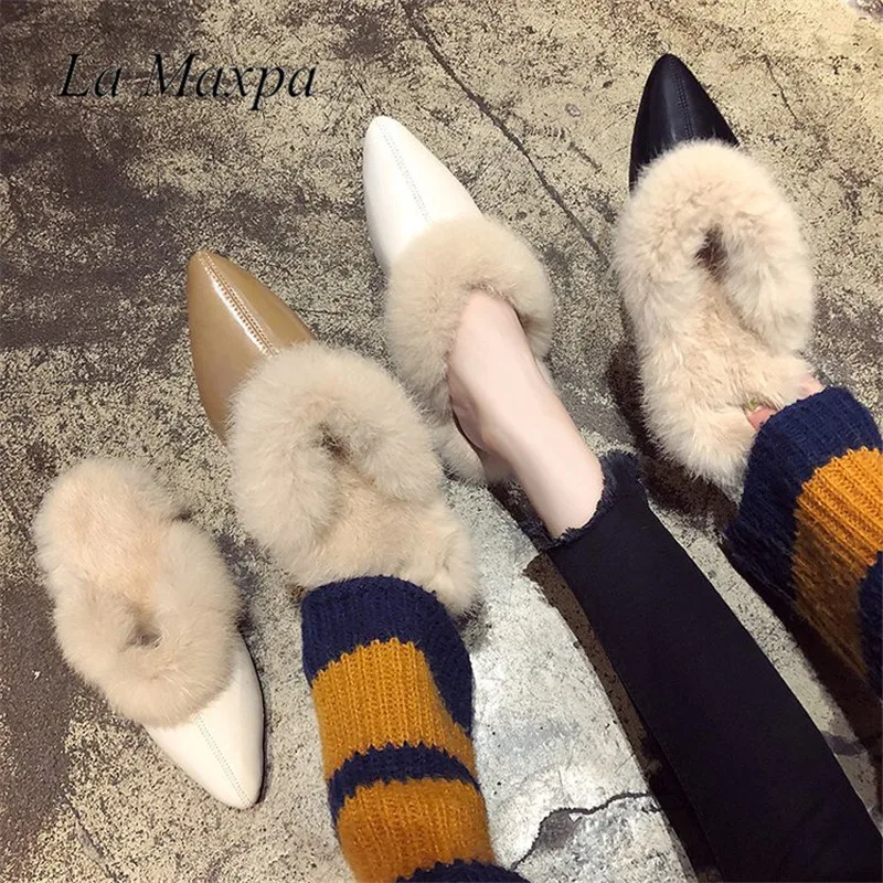 

La MaxPa Pointed toe mules woman autumn shoes fur flip flops suede leather slippers rabbit hairs slip on pointed toe sexy shoes
