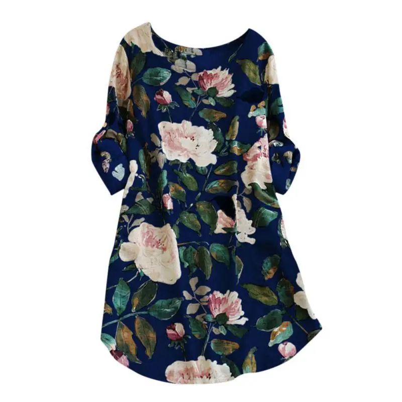 Женское летнее платье с круглым вырезом и коротким рукавом, элегантное платье с цветочным принтом, Vestido - Цвет: Синий