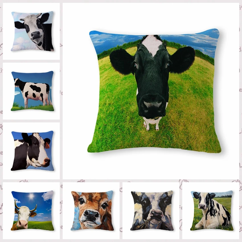 

Cartoon Cow Cushion Cover Woven Linen Family Affection Sofa Car Seat Family Home Decorative Throw Pillow Case Housse De Coussin