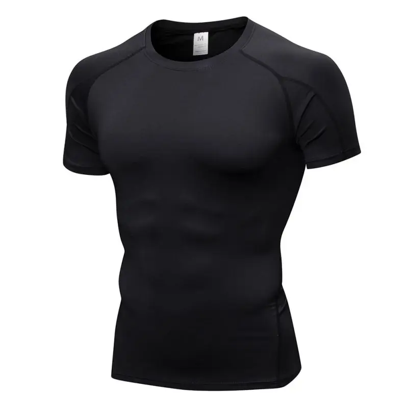Летняя Спортивная Мужская дышащая облегающая футболка с коротким рукавом для фитнеса и бега, стрейчевая быстросохнущая футболка - Цвет: Черный