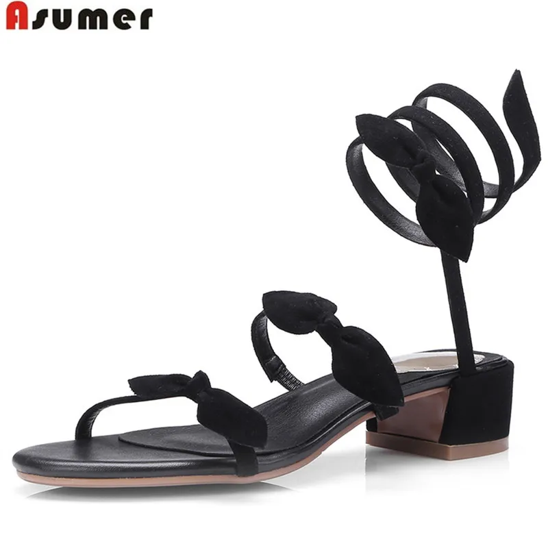 

ASUMER 2018 fashion summer shoes square heel casual elegant sandals women suede leather shoes med heels ankle strap bowknot