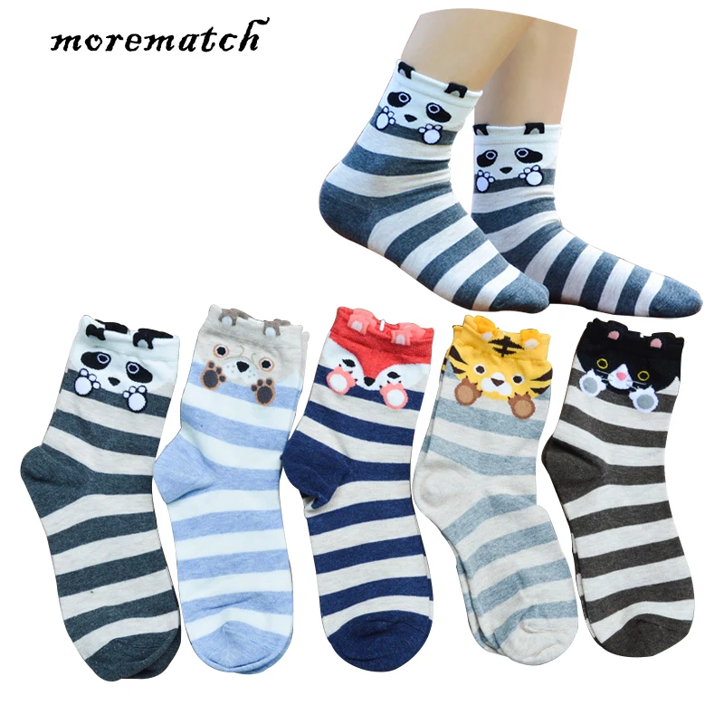 Morematch 1 пара женщин мультфильм короткие носки Мода Полосатый ободок с ушками кошки, тигра панда хлопковые носки забавные животные носки 5 цветов дополнительно