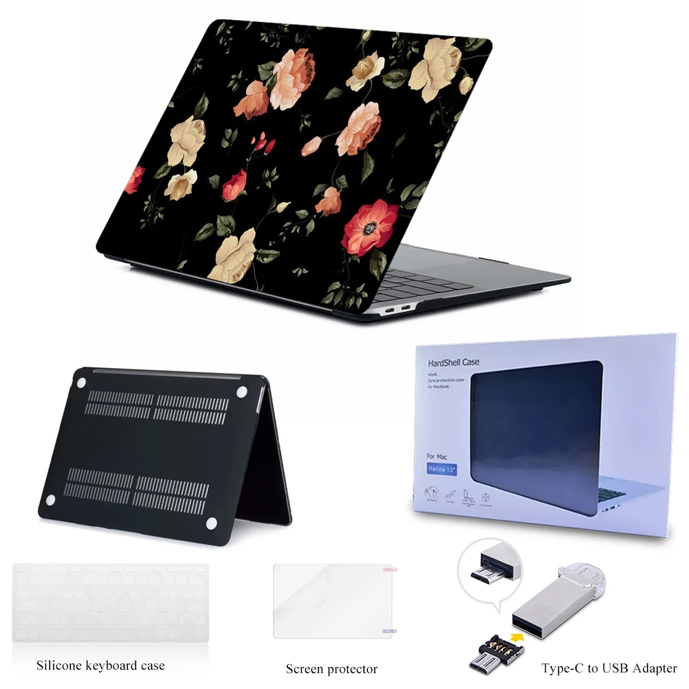 Черный цветочный чехол для MacBook Air Pro retina 12 13 15 mac book Pro 13,3 15,4 дюймов чехол для ноутбука чехол для клавиатуры протектор