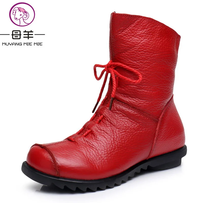 MUYANG MIE MIE Women Genuine Leather Flat Snow Boots Fashion Casual Warm Winter Women Shoes Woman Lace-up Boots Women Boots MUYANG MIE MIE Women Genuine Leather Flat Snow Boots Fashion Casual Warm Winter Women Shoes Woman Lace-up Boots Women Boots