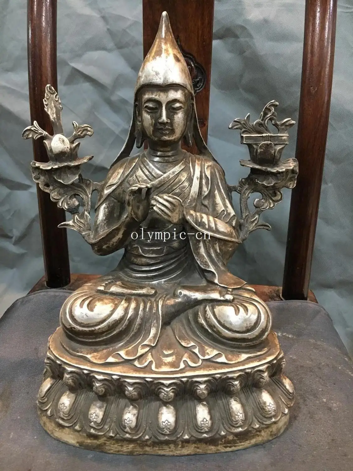 12''bronze Мельхиор Lotus база сиденье Тибетский буддистский монах Будда Tsongkhapa