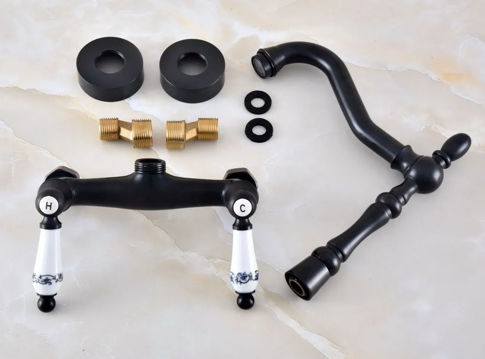 Kitchen Wet Bar Bathroom Vessel Sink Faucet Black Oil Rubbed Brass Wall Mounted Swivel Spout Mixer Tap Dual Ceramic Lever mnf826
