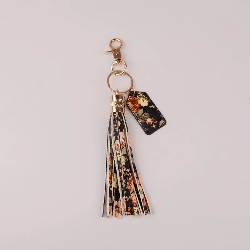 Кольцо держатель Ретро ювелирные изделия многоцветный цветок монограмма кожа кисточкой для женщин брелок сумка кулон сплав автомобильный брелок с принтом - Цвет: black coral