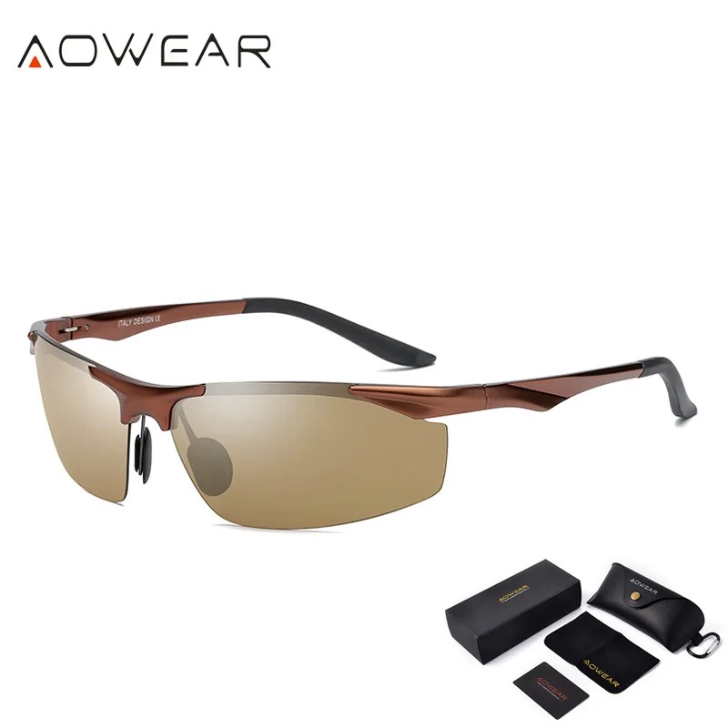 AOWEAR, ультра-светильник, алюминиевые Поляризованные спортивные солнцезащитные очки, мужские, высокое качество, уф400, для улицы, без оправы, солнцезащитные очки, мужские очки, Oculos - Цвет линз: Brown