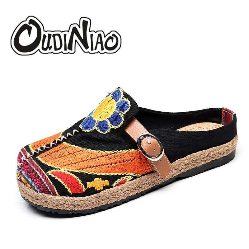 

OUDINIAO Slip On Flat Shoes Woman Espadrilles Canvas Embroider Chinese Enthic Design Hemp Wrap Women Shoes Ladies Shoes Fashion