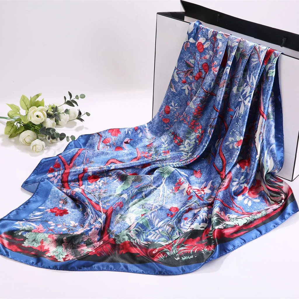 

90x90cm bandana Women Elegant Floral Printed Square Scarf Printed Head Neck Wrap Scarves Autumn 2019 head scarf bufanda mujer