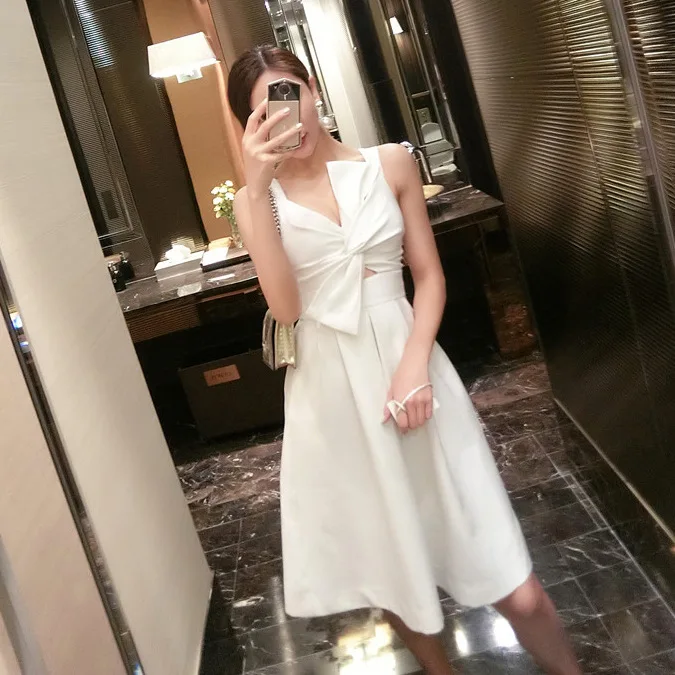 

Make women's free agent blasting stereoscopic bowknot sexy temperament of waist dress white dress 7048