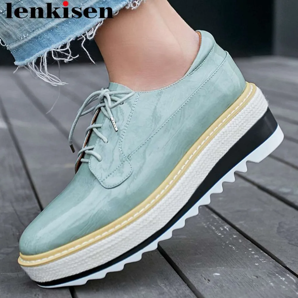 

Punk concise style wedges med bottom platform round toe lace up pumps comfortable full grain leather dating daily wear shoes L39
