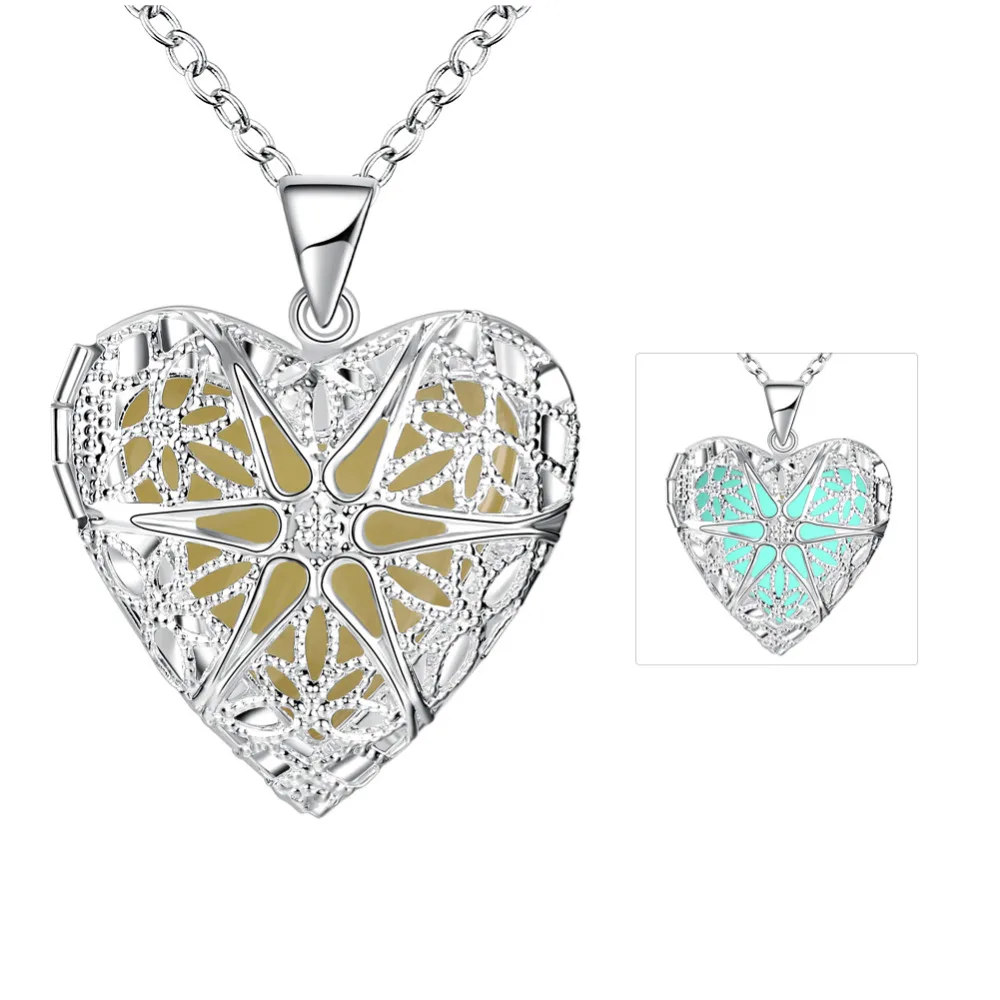 

ERLUER Luminous Stone Shine Glow in the Dark Necklace Jewelry Silver plated Heart Charm locket Necklaces & Pendant for women