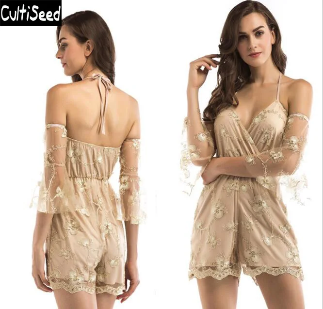 

Female Sexy Spaghetti Strap Deep V-neck Gold Embroidery Perspective One Pieces Jumpsuits Rompers Clothes Lady Party Jumpsuits